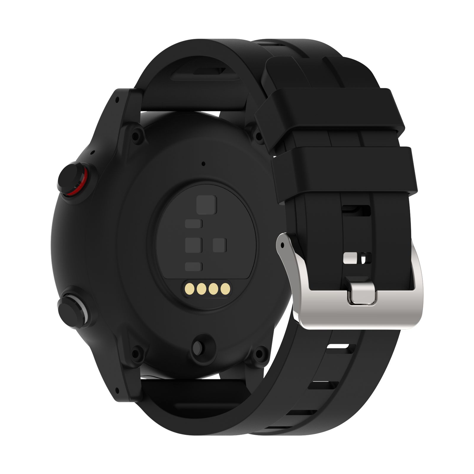 Rückseite einer schwarzen Smartwatch. Sichtbar sind Sensoren und Ladekontakte sowie ein Armband.
