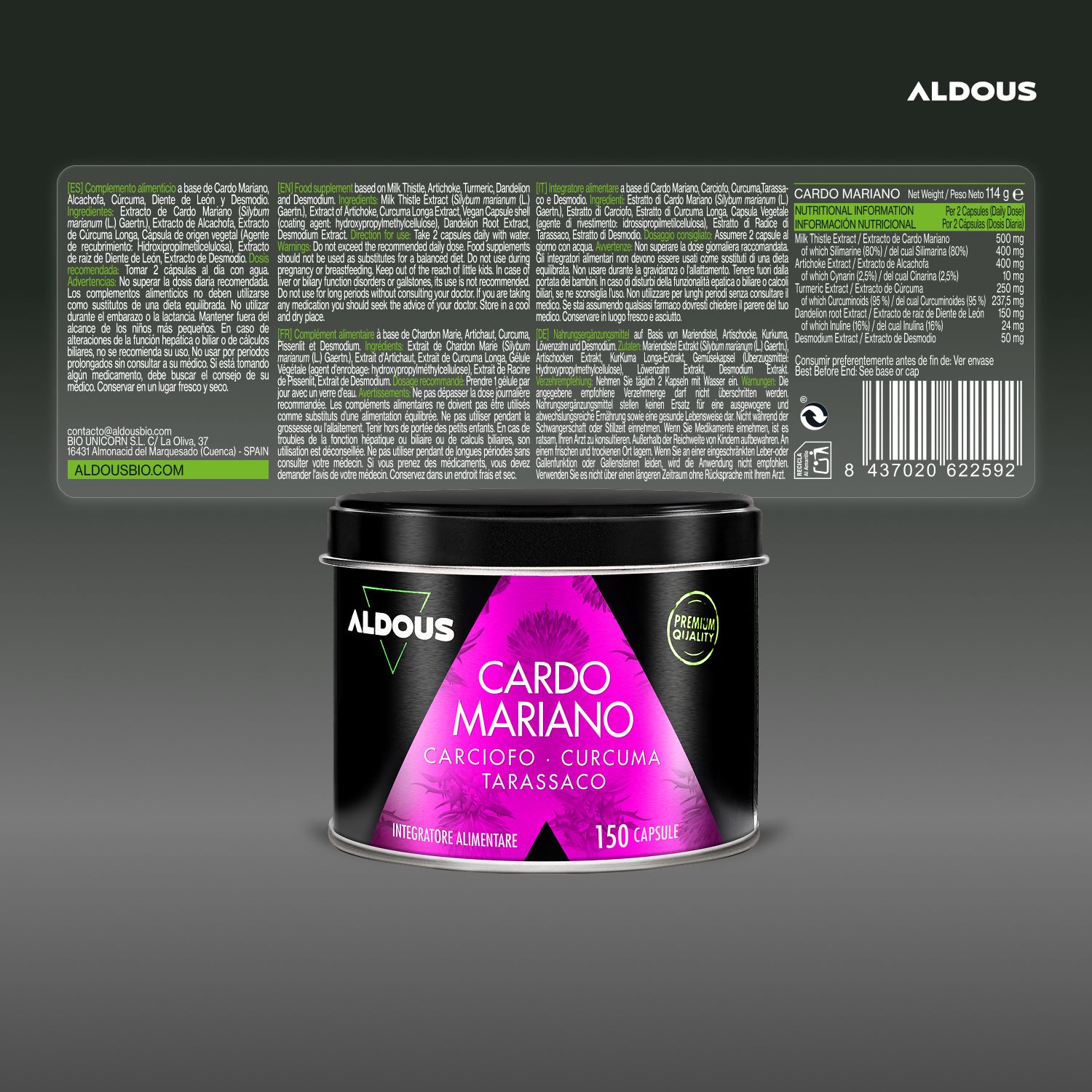 Aldous Cardo Mariano Dose und Etikett mit detaillierten Informationen und Barcode.