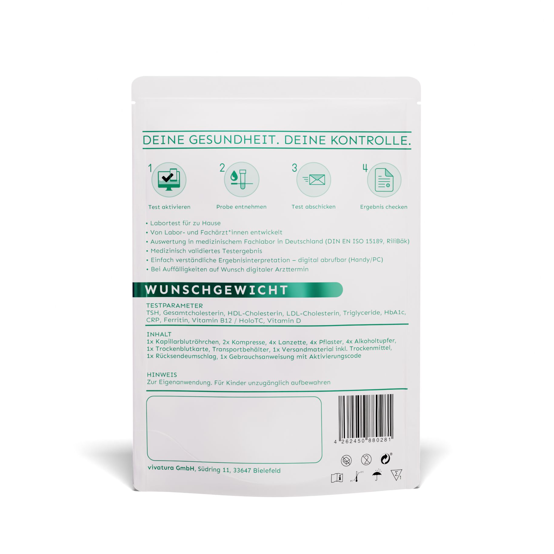 Rückseite der Verpackung mit Informationen zum vivatura® Wunschgewicht Test-Kit. Enthält Testparameter und Inhaltsstoffe.