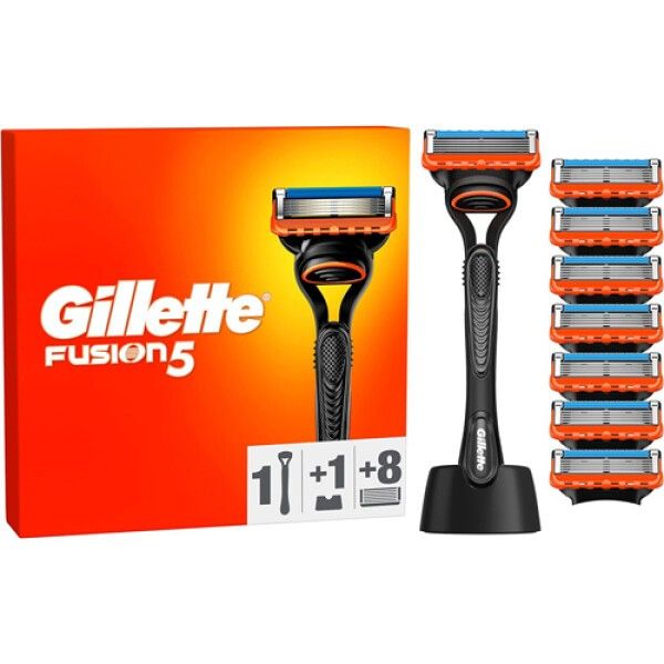 Gillette Fusion 5 Set. Rasierer, 8 Klingen, Halterung. Schwarzer Griff, orange Akzente. Verpackung mit Logo.