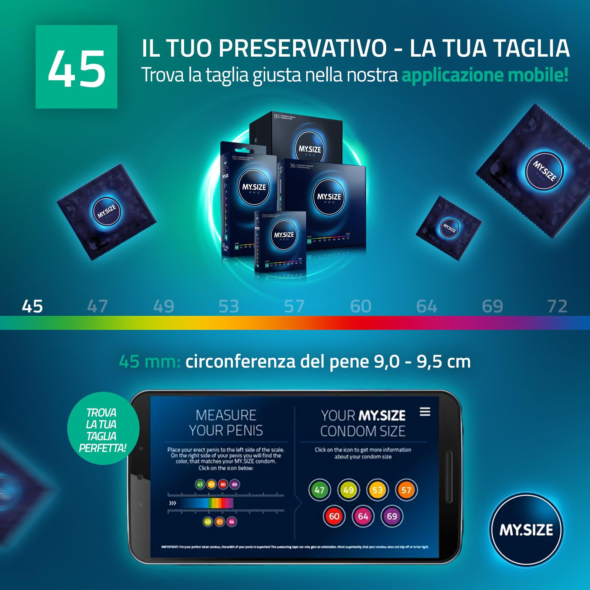 MY.SIZE PRO Kondome: Größenfinder-App auf Smartphone. Verschiedene Packungsgrößen und Einzelkondome.