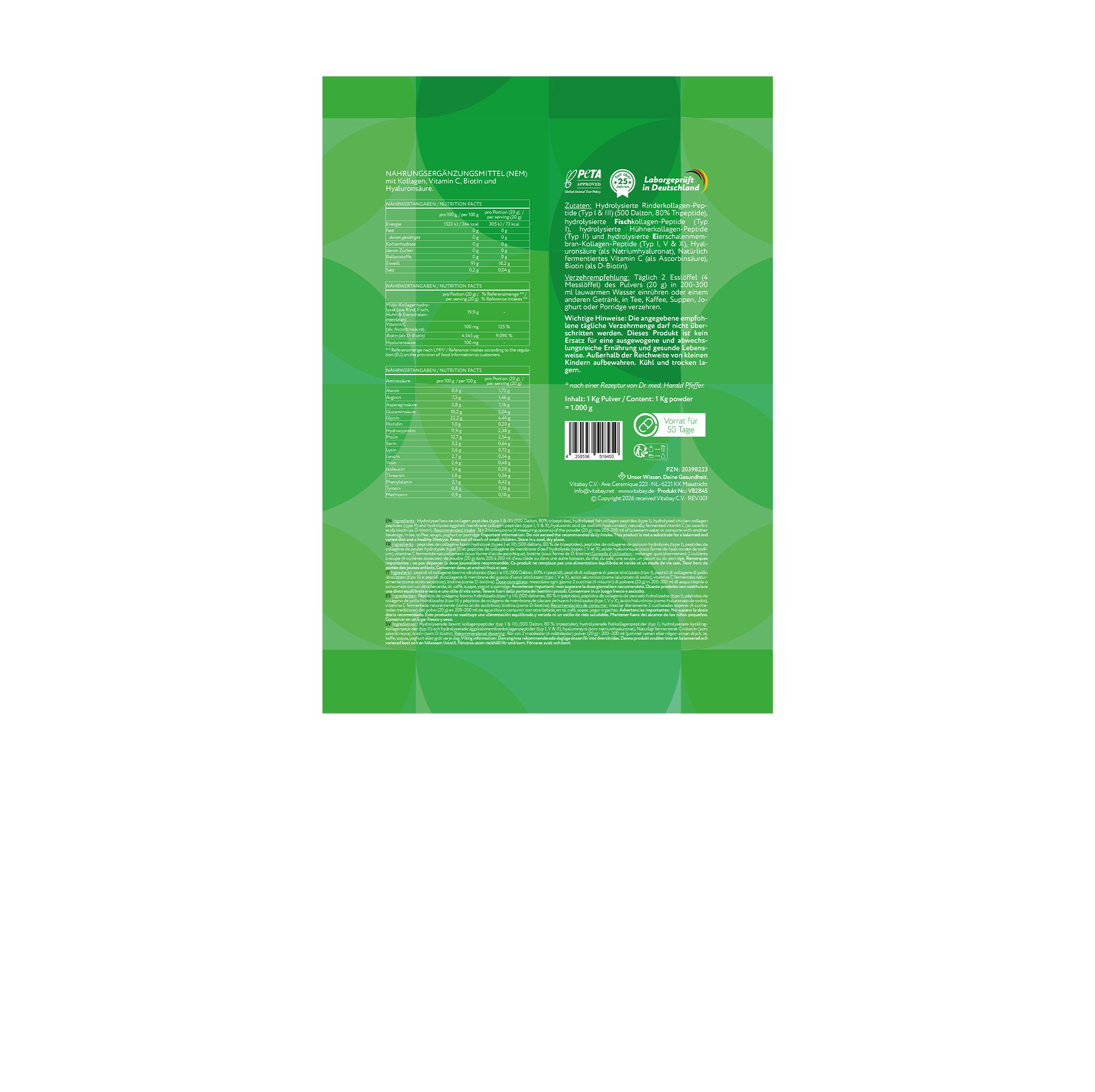Rückseite einer grünen Verpackung. Text: Nährwertangaben, Zutaten, Herstellerinformationen, Zertifizierungen. Grüner Hintergrund mit Kreisen.