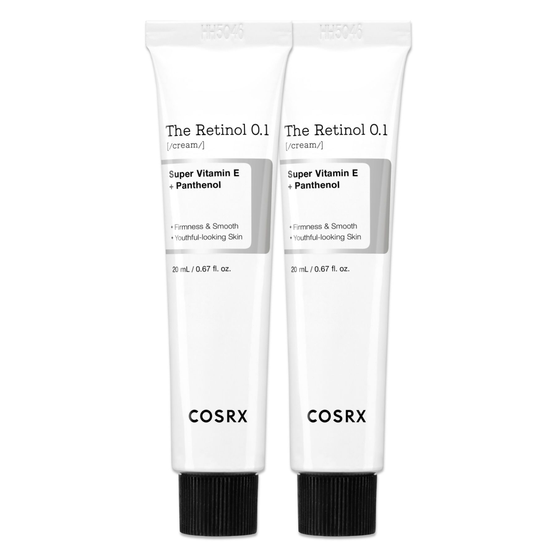 Zwei weiße Tuben mit schwarzem Verschluss. Aufschrift: The Retinol 0.1, Super Vitamin E + Panthenol, COSRX.