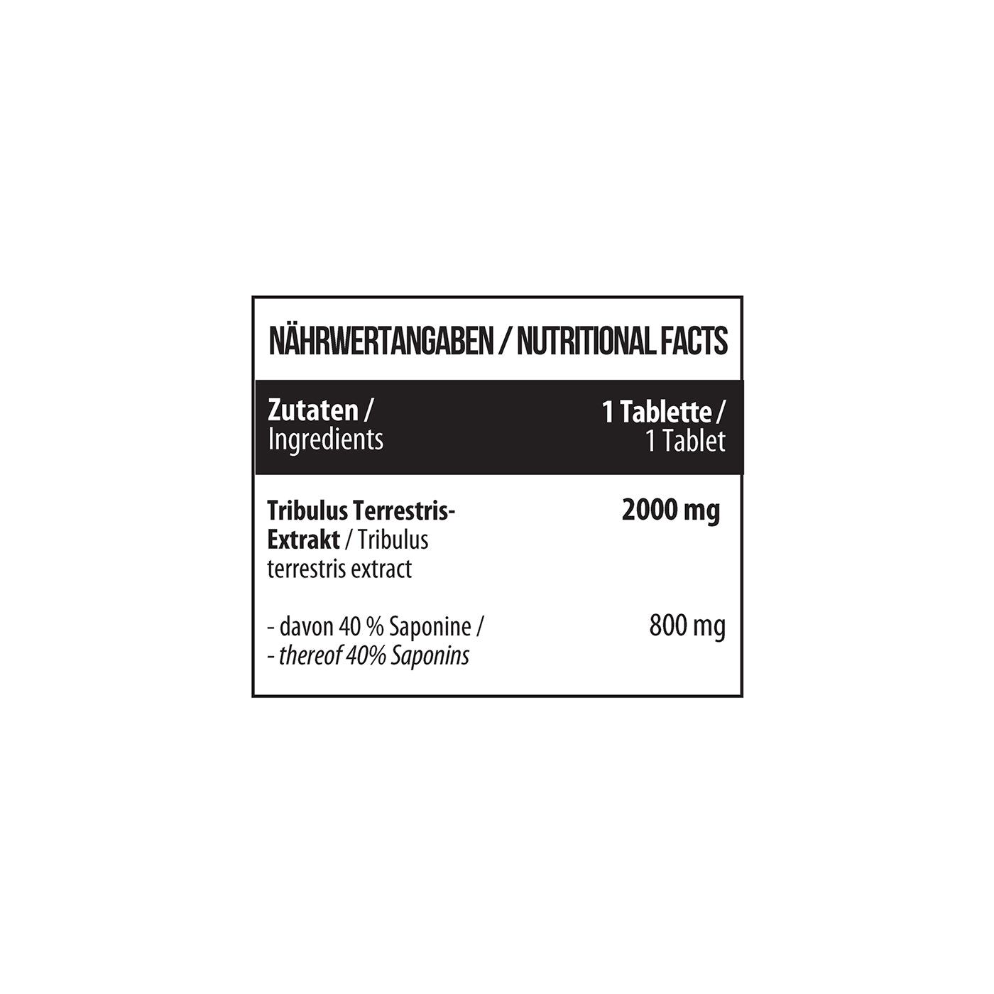 Nährwertangaben-Tabelle für Tribulus Terrestris Extrakt, 2000 mg pro Tablette, 40% Saponine.