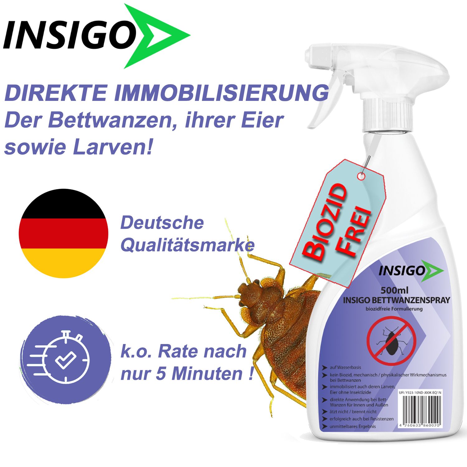 Eine Sprühflasche mit dem Aufdruck INSIGO Bettwanzenspray. Ein Anhänger mit der Aufschrift BIOZID FREI hängt an der Flasche.