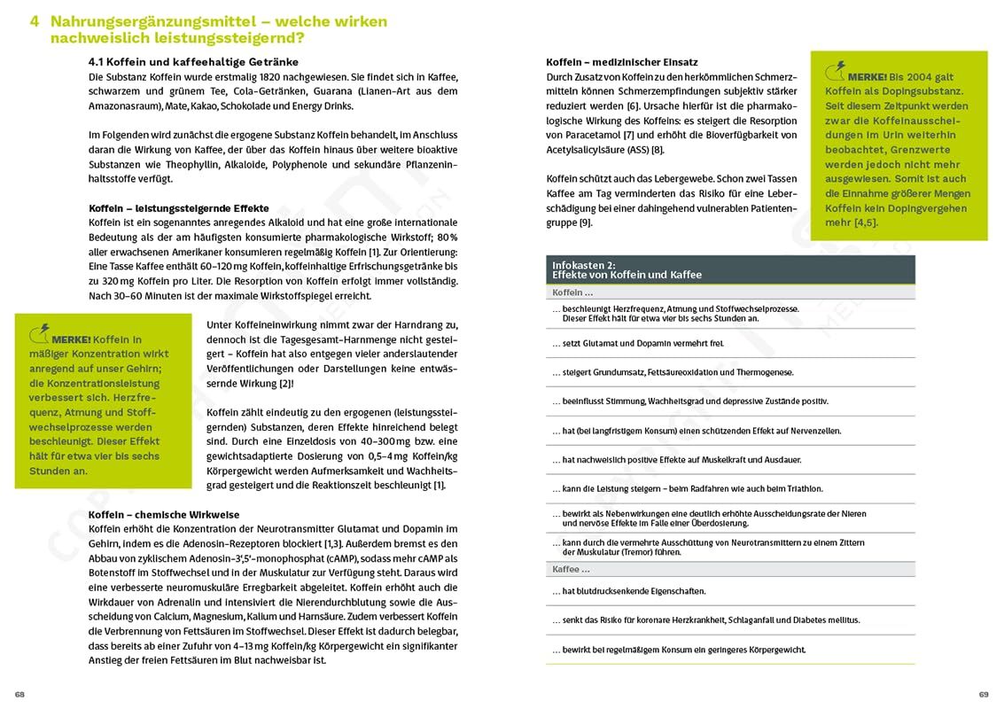 Buchseite mit Text und Tabellen. Überschrift: Nahrungsergänzungsmittel - welche wirken nachweislich leistungssteigernd?