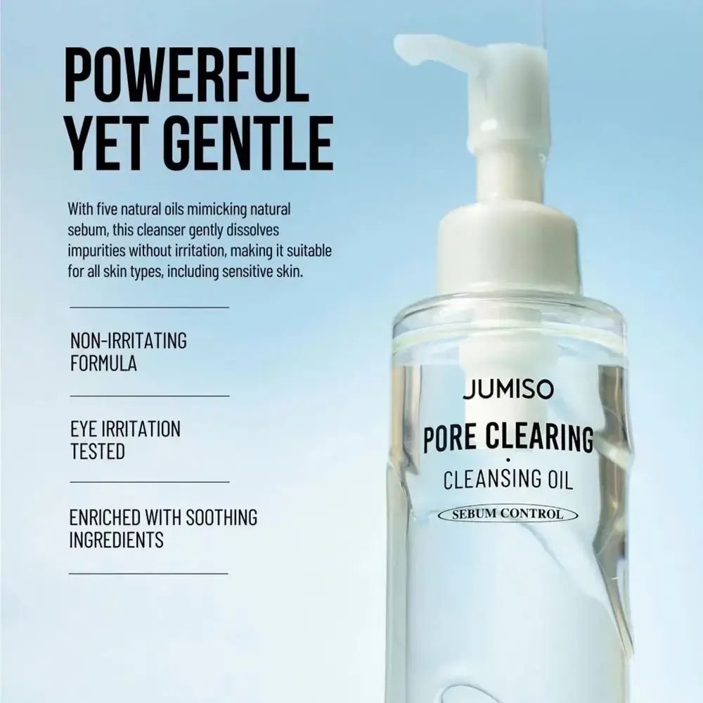 Klarflasche mit Pumpe. Aufschrift: JUMISO PORE CLEARING CLEANSING OIL. Serum Control. Text: Nicht reizende Formel.