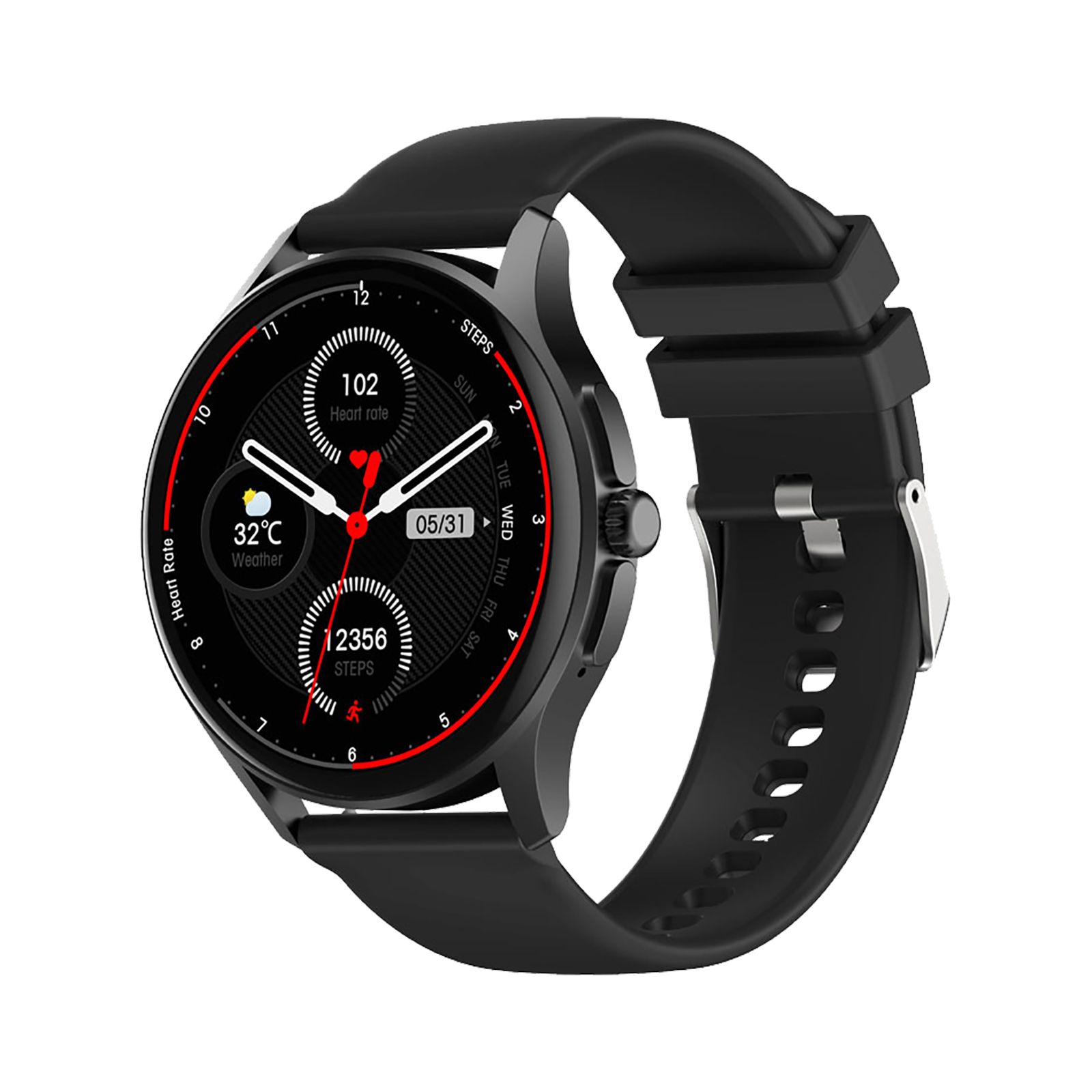 Schwarze Smartwatch mit rundem Zifferblatt. Zeigt Herzfrequenz, Temperatur und Schritte an. Schwarzes Armband mit Schnalle.