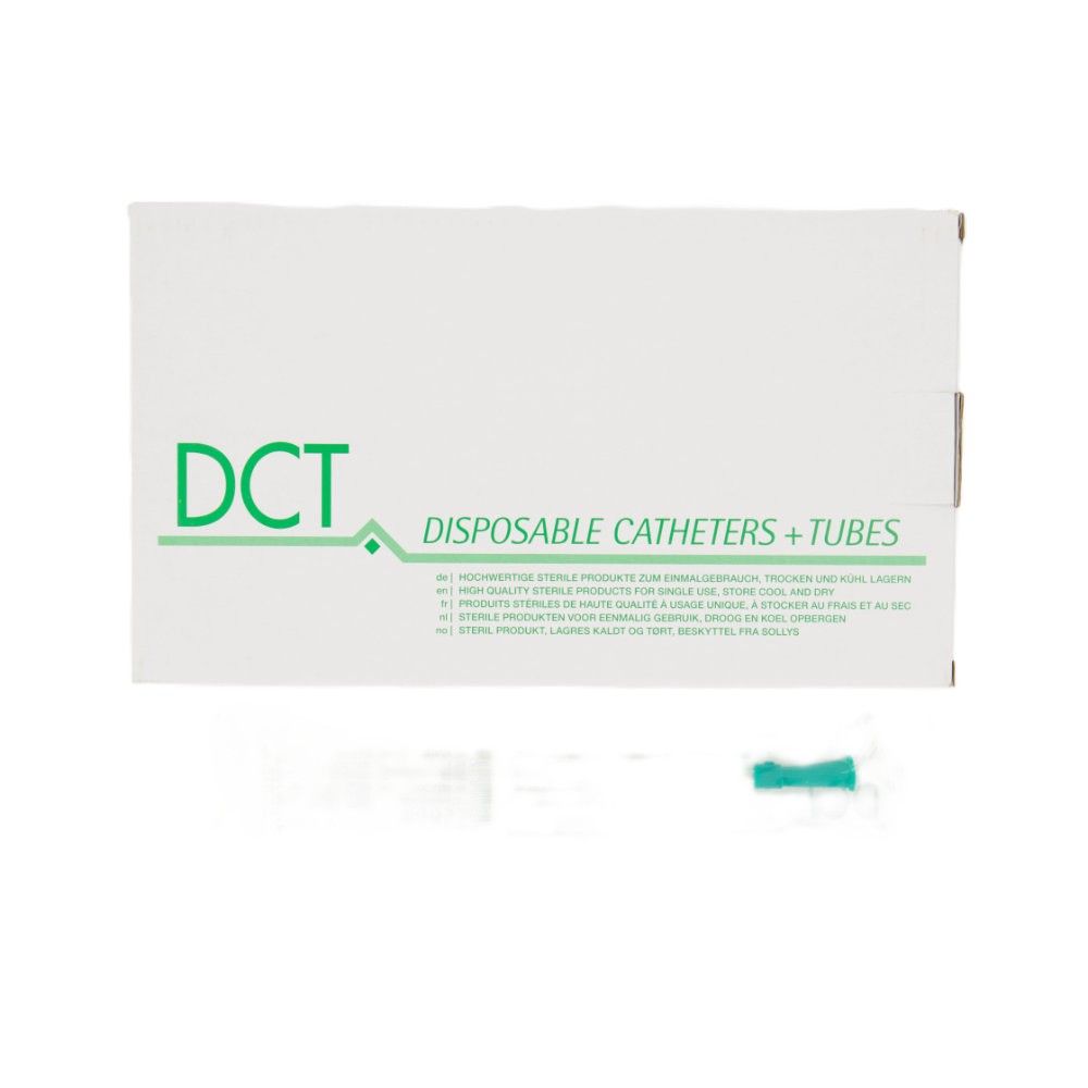 Verpackung mit "DCT"-Logo und Text "DISPOSABLE CATHETERS + TUBES". Ein einzelner grüner Katheter ist sichtbar.