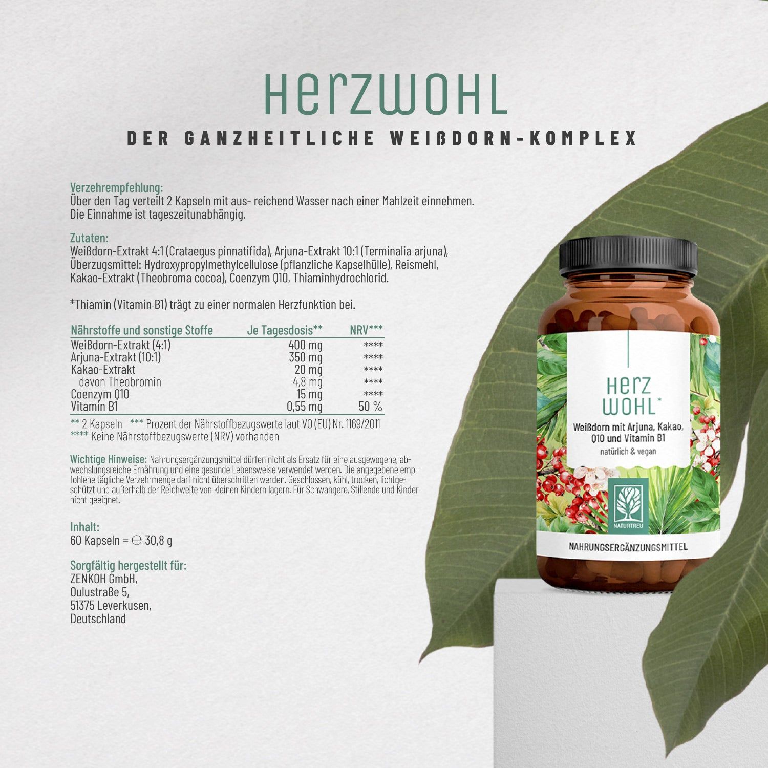 Weißdorn mit Arjuna, Kakao, Q10 und Vitamin B1 - Herzwohl - NATURTREU®