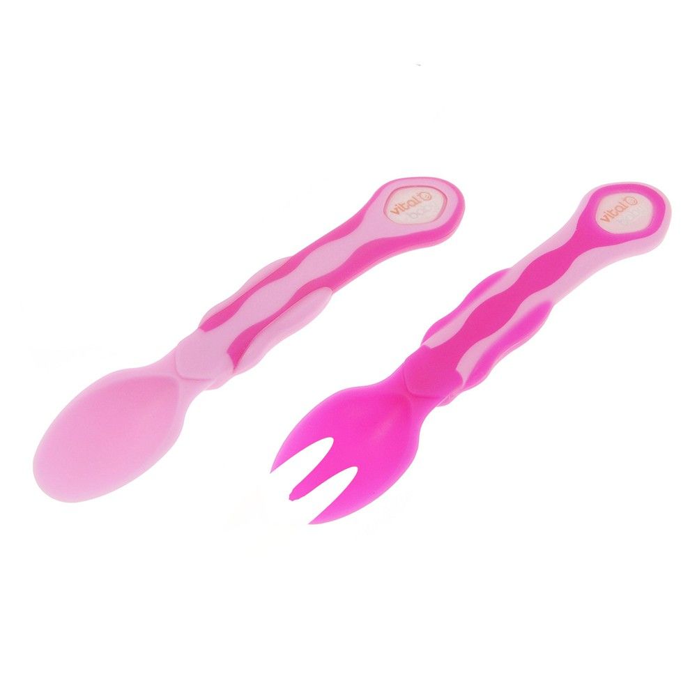 Rosa Kinderbesteck, Gabel und Löffel. Löffel und Gabel mit wellenförmigen Griffen. Marke Vital Baby.