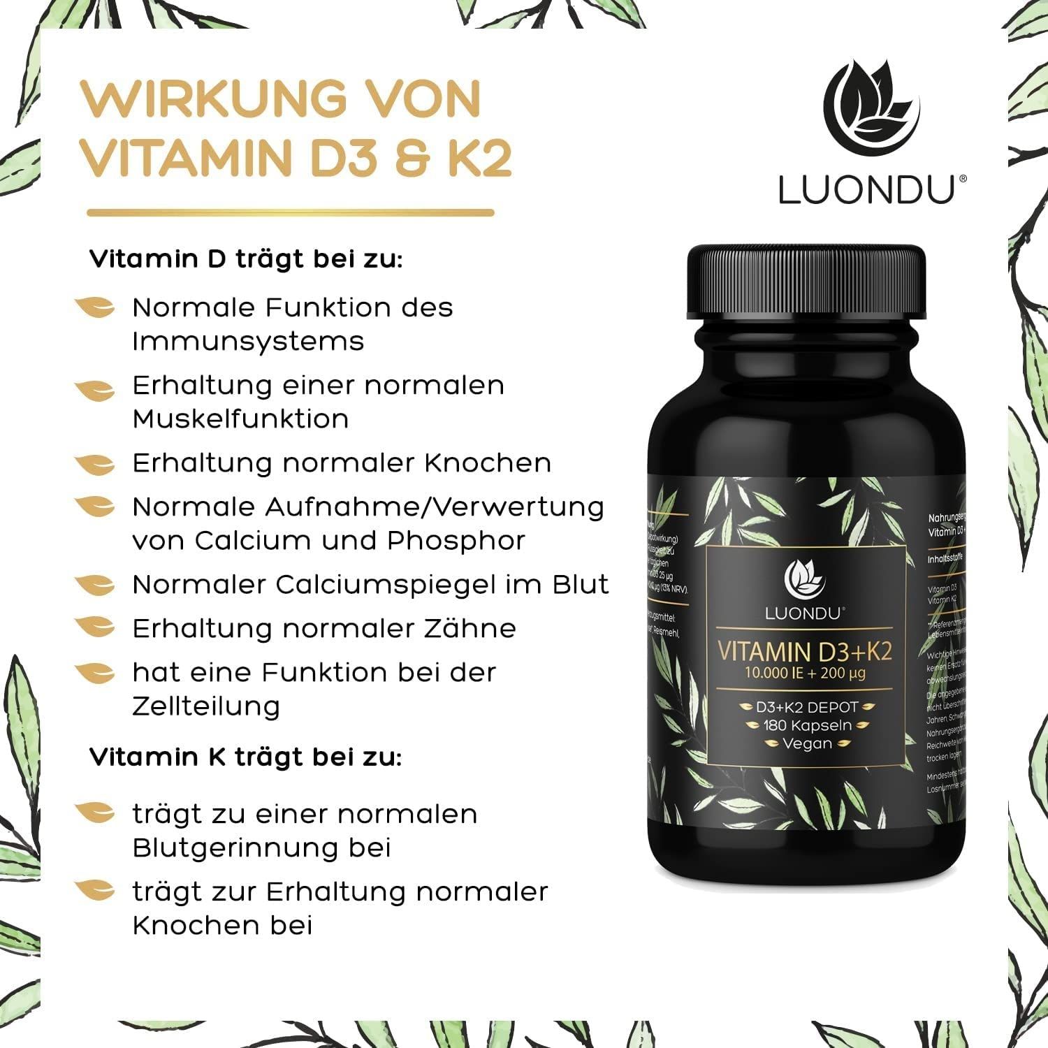 Vitamin D3 K2 Hochdosiert - 180 Kapseln - 10000 IE - Luondu®