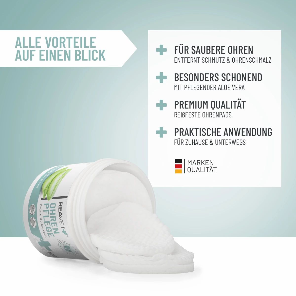 Geöffnete Dose mit Pads. Text: Für saubere Ohren, besonders schonend, Premium Qualität, praktische Anwendung. Markenqualität.