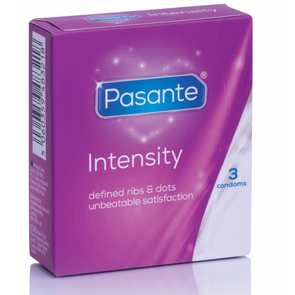 Verpackung mit Kondomen. Aufschrift: Pasante, Intensity. Enthält 3 Kondome.
