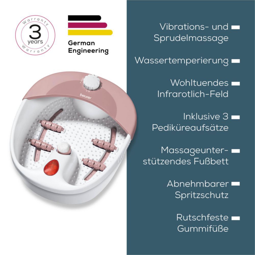 Fußsprudelbad, rosa-weiß. Text: Vibrations- und Sprudelmassage, Infrarotlicht, 3 Pediküre-Aufsätze. German Engineering.