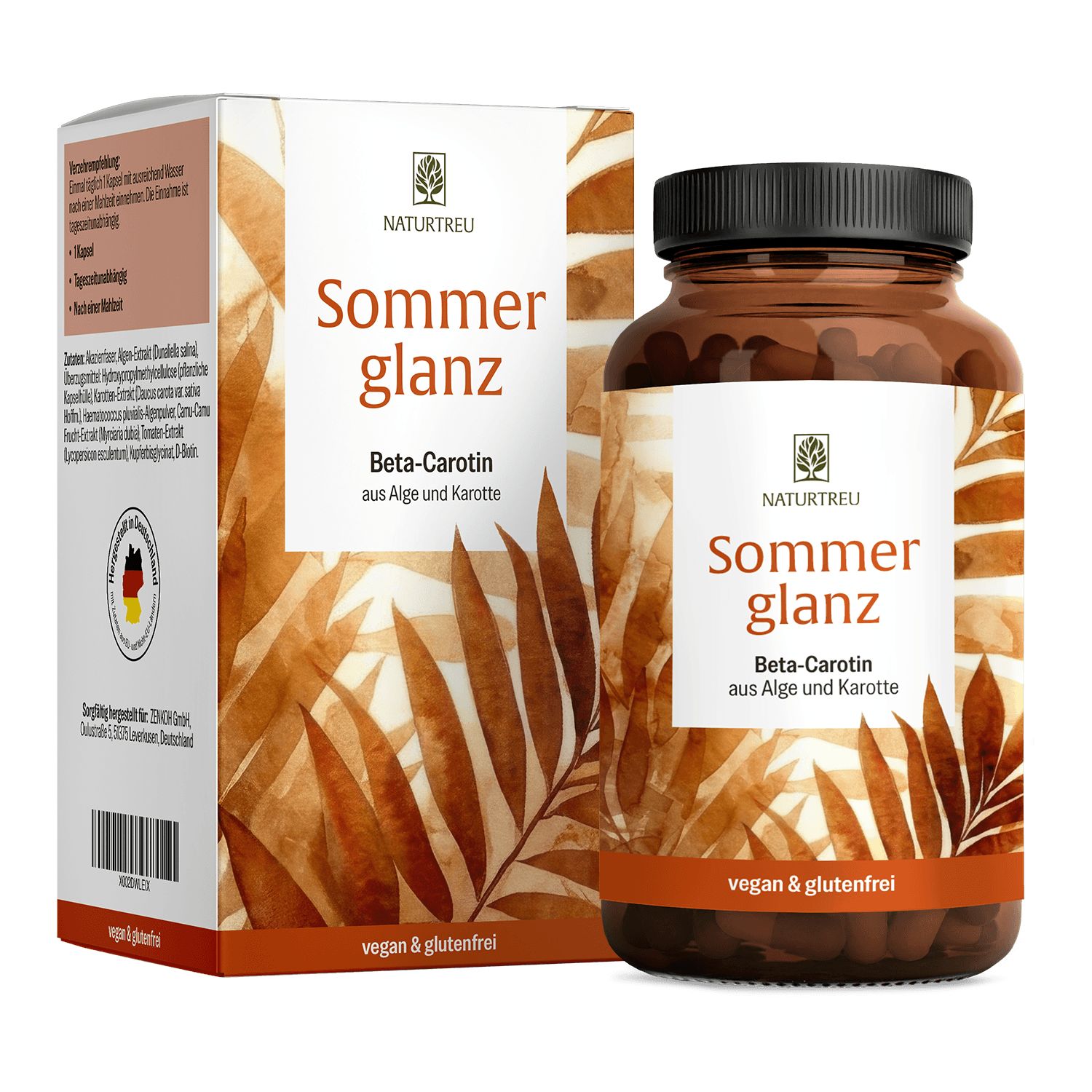 NATURTREU Sommerglanz Kapseln: Braune Dose mit weißem Etikett und Blattmuster, daneben die passende Faltschachtel.
