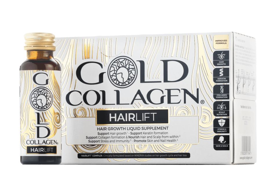 Gold Collagen Hairlift-Flüssigkeitsergänzung und Schachtel. Enthält Informationen zu Haarwuchs und -gesundheit.