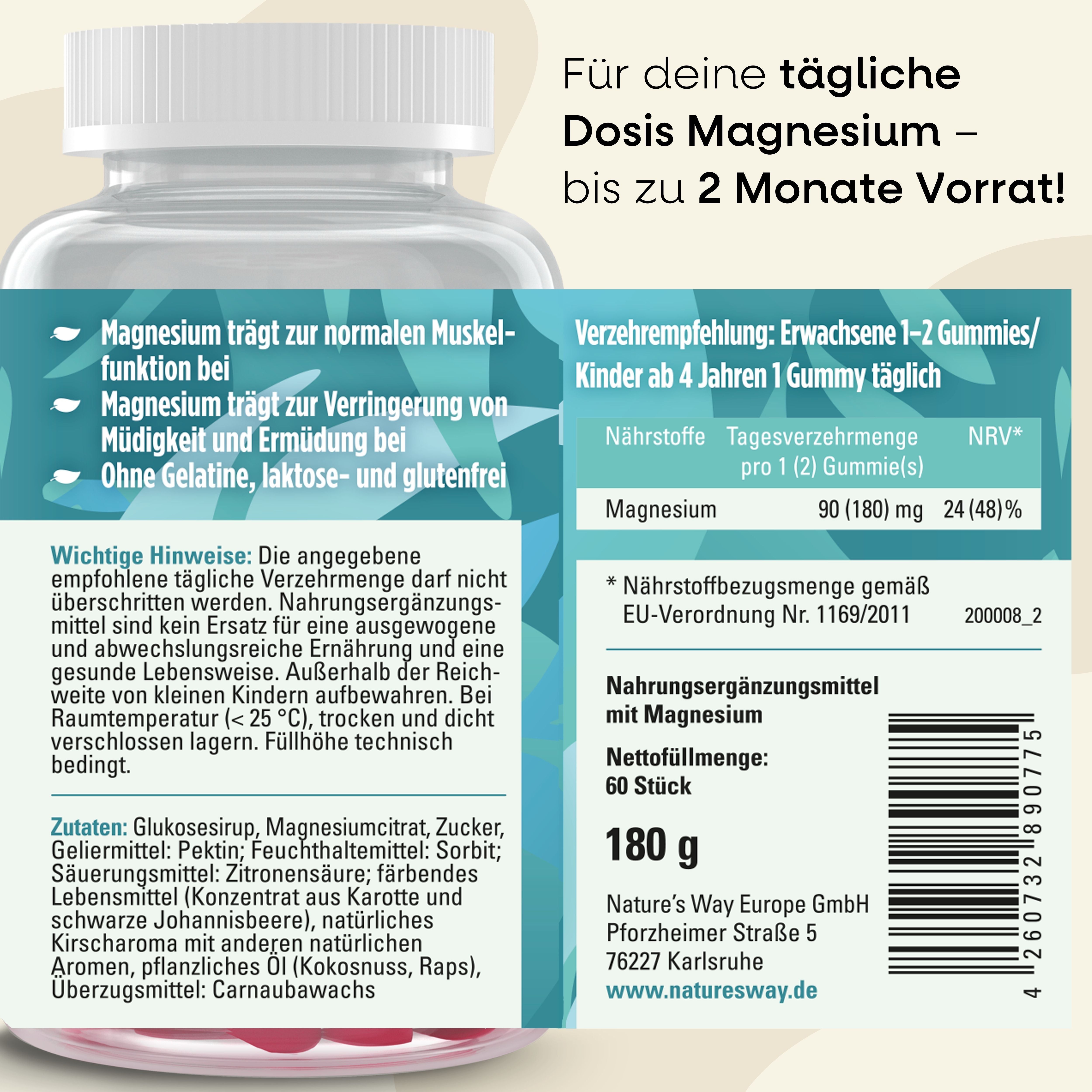 Rückseite der Flasche. Text: Dosierung, Nährwerte, Inhaltsstoffe, Nettogewicht 180g. Herstelleradresse. Warnhinweise.