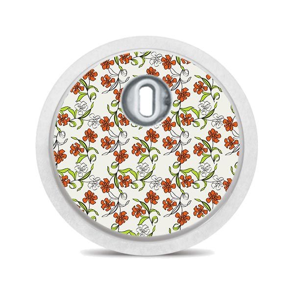 Runder Aufkleber mit Blumenmuster. Rote und weiße Blumen auf cremefarbenem Grund.