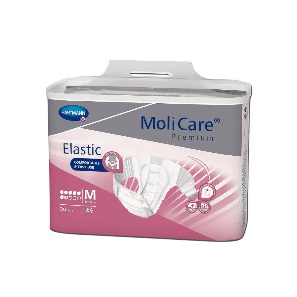 Verpackung von Hartmann MoliCare® Premium Elastic. Rosa-weißes Design mit Produktabbildung und Logo. Größe M, 30 Stück.