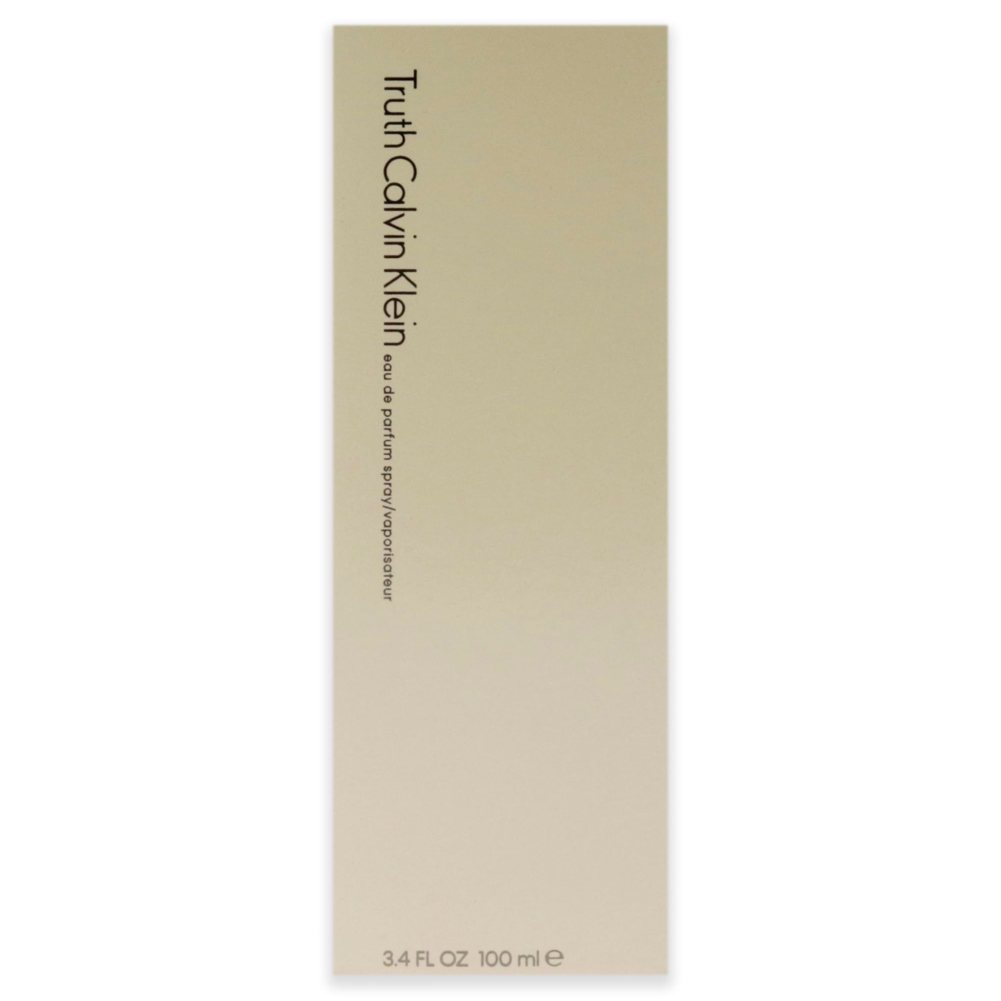 Beige Verpackung. Aufschrift: Truth Calvin Klein, Eau de parfum spray/vaporisateur. 3.4 fl oz 100 ml.