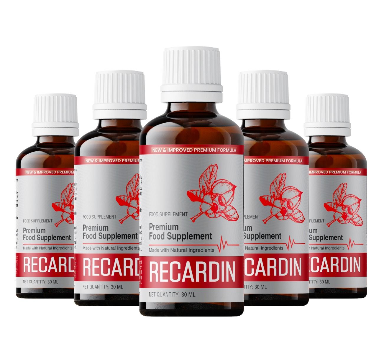 Fünf braune Glasflaschen mit weißen Deckeln. Rote Etiketten mit Produktname und floralem Design. Aufschrift: Nahrungsergänzungsmittel.