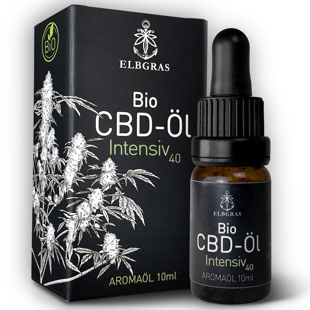 Braune Glasflasche mit schwarzem Deckel und Pipette, daneben eine schwarze Schachtel. Auf beiden steht "Bio CBD-Öl Intensiv 40".