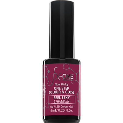 Flasche Nagellack, dunkelrot. Aufschrift: FX-ONE, ONE STEP COLOUR & GLOSS, FEEL SEXY SHIMMER, UV/LED Colour Gel.