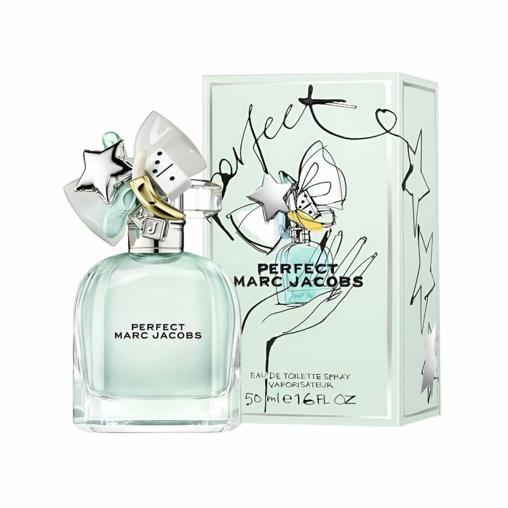 Hellgrüner Flakon und Verpackung. Aufschrift: PERFECT MARC JACOBS. Verpackung mit Illustration. Sterne und Schrift.