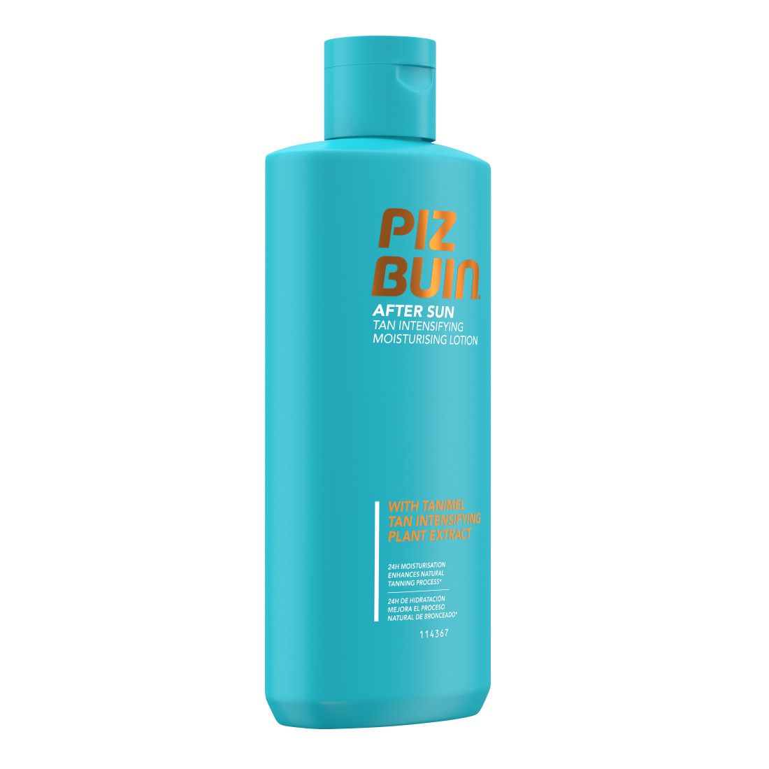Türkisfarbene Flasche mit weißer Schrift. Aufschrift: PIZ BUIN AFTER SUN TAN INTENSIFYING MOISTURISING LOTION. Mit Taninmel.