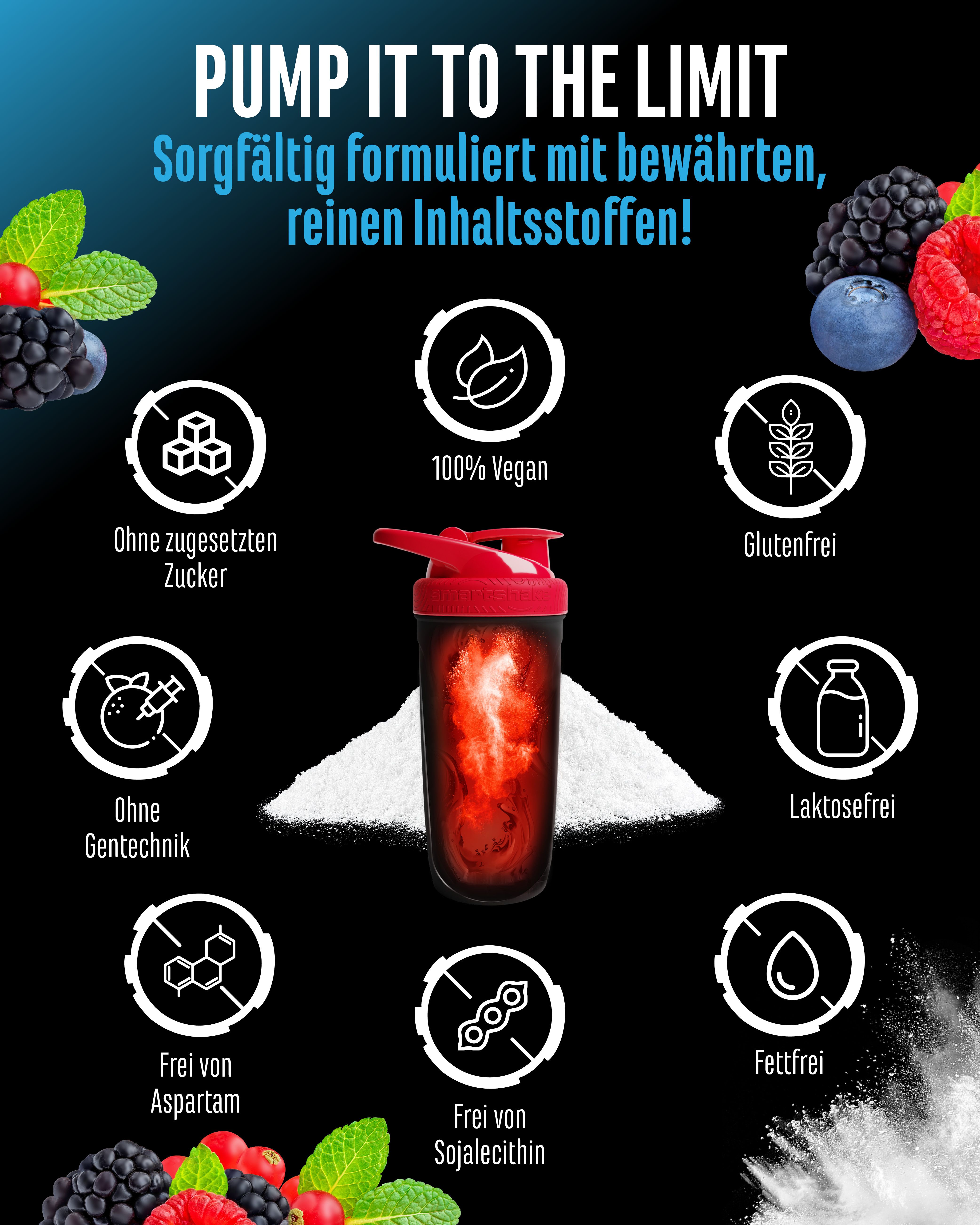Shaker mit Pulver und Zutaten. Ohne Zucker, vegan, glutenfrei, ohne Gentechnik, laktosefrei, ohne Aspartam, fettfrei, sojafrei.