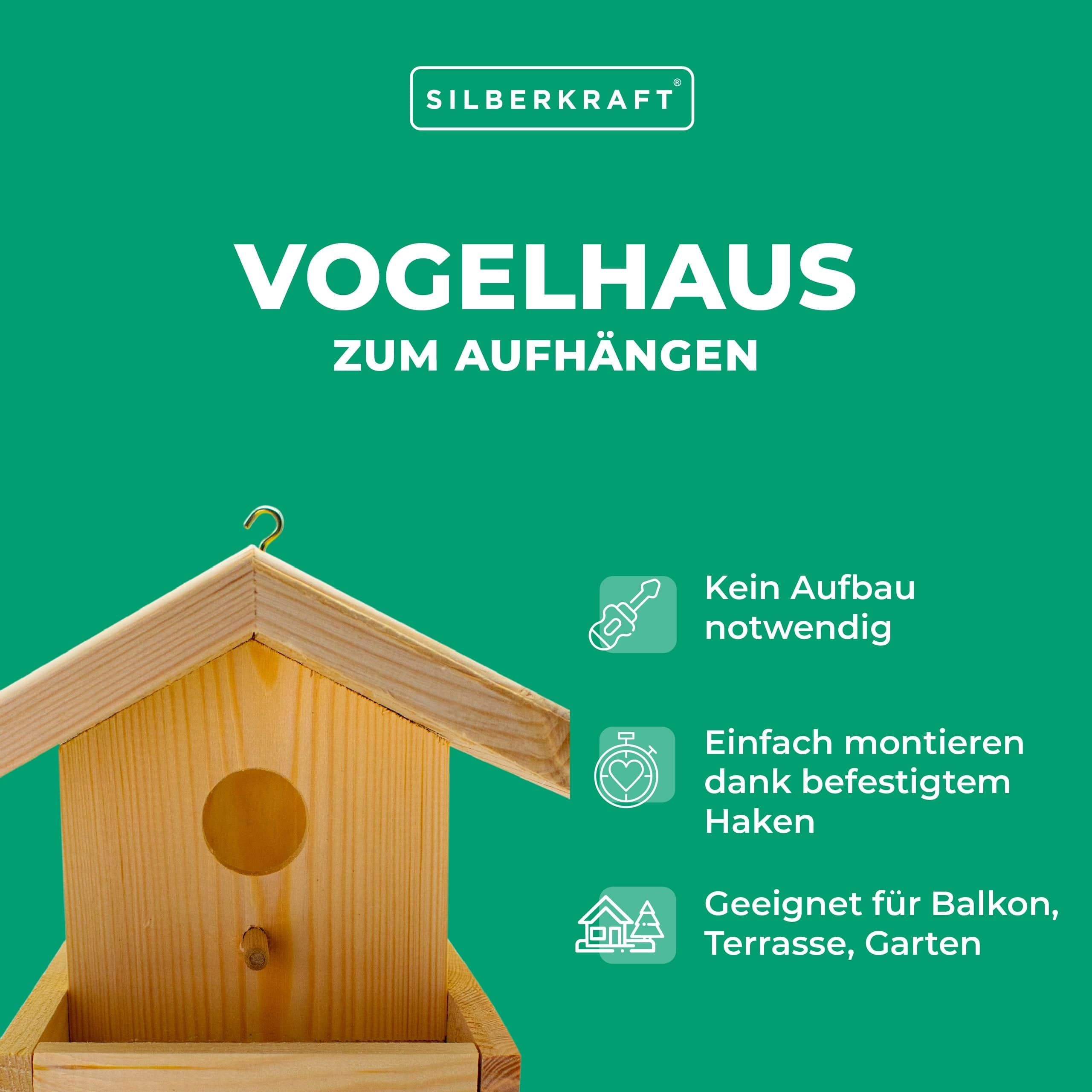 SILBERKRAFT Vogelhaus zum Aufhängen. Text mit Icons: Kein Aufbau notwendig, einfach montieren, geeignet für Balkon, Terrasse, Garten.