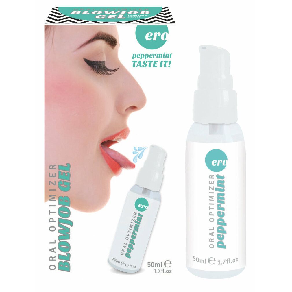 Produktverpackung mit Produkt und Frau. Aufschrift: Oral Optimizer Blowjob Gel Peppermint. Flasche mit Sprühkopf.