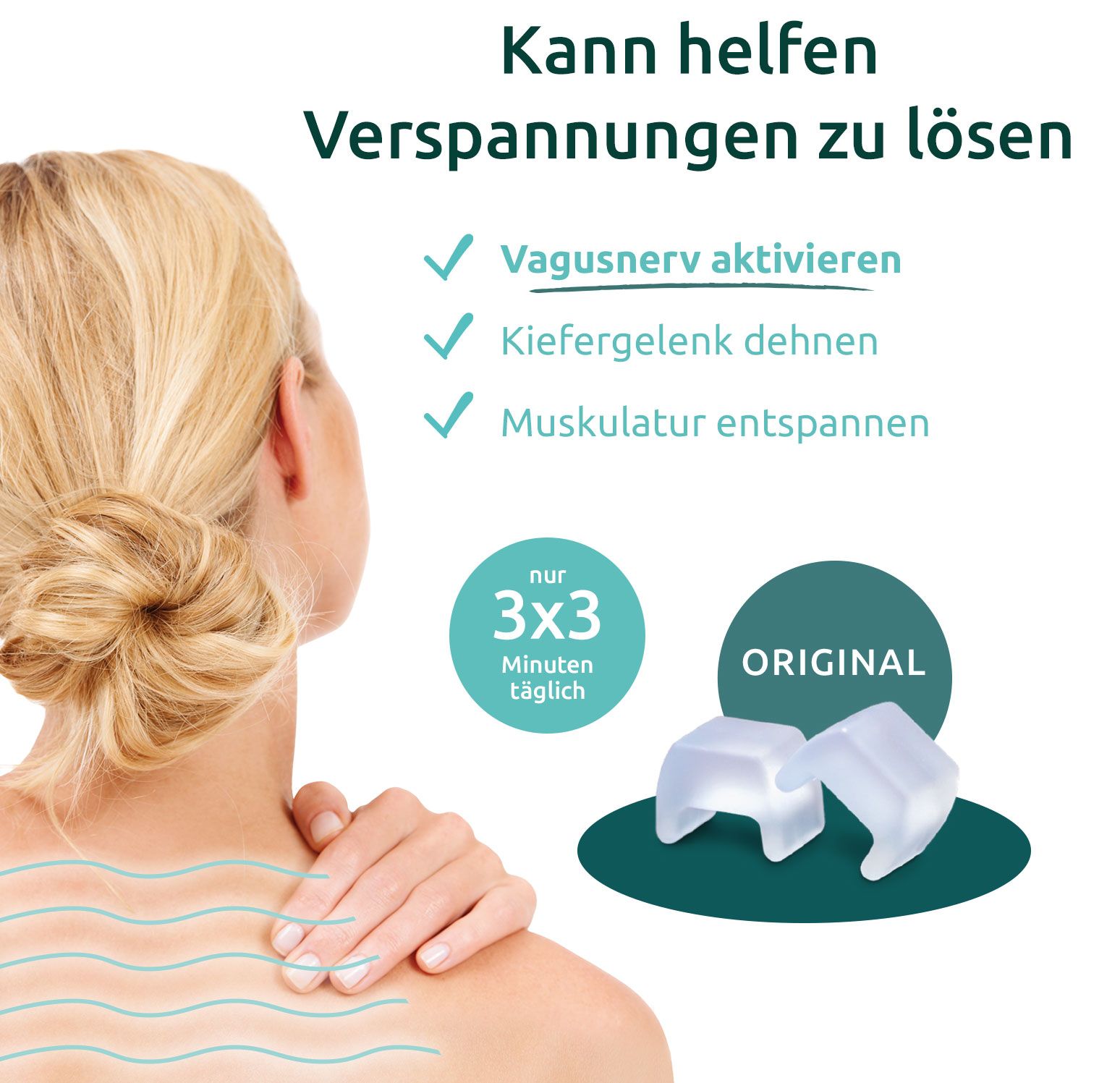 Zwei transparente, quadratische Teile. Text: „Vagusnerv aktivieren“, „Kiefergelenk dehnen“, „Muskulatur entspannen“. „Original“.