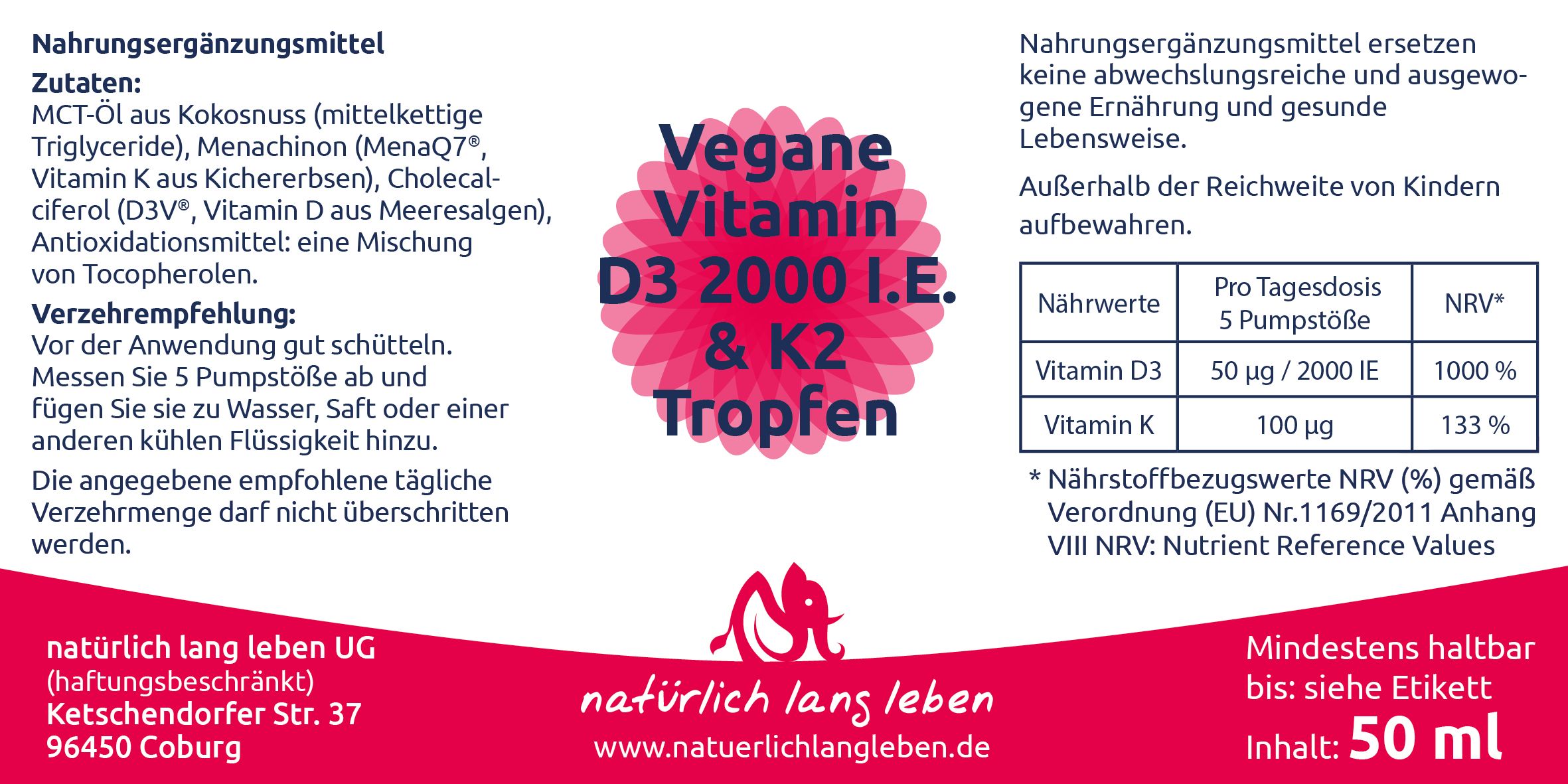 natürlich lang leben Vegane Vitamin D3 & K2 0,05 l Tropfen