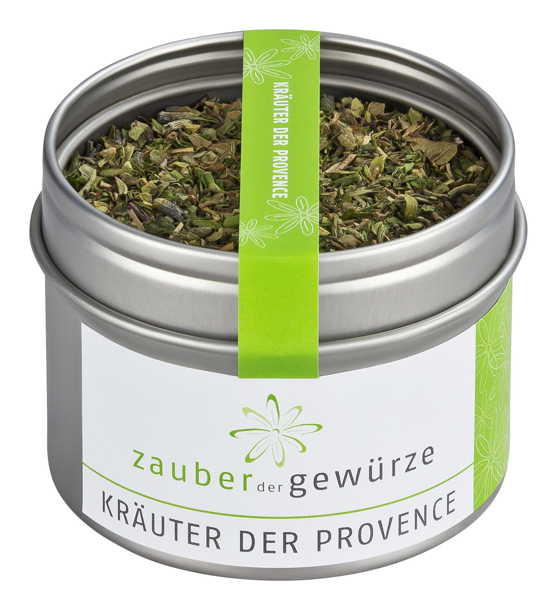 Metallbehälter mit Kräutern. Etikett mit Schriftzug: Zauber der Gewürze Kräuter der Provence. Grüner Streifen mit Schriftzug.
