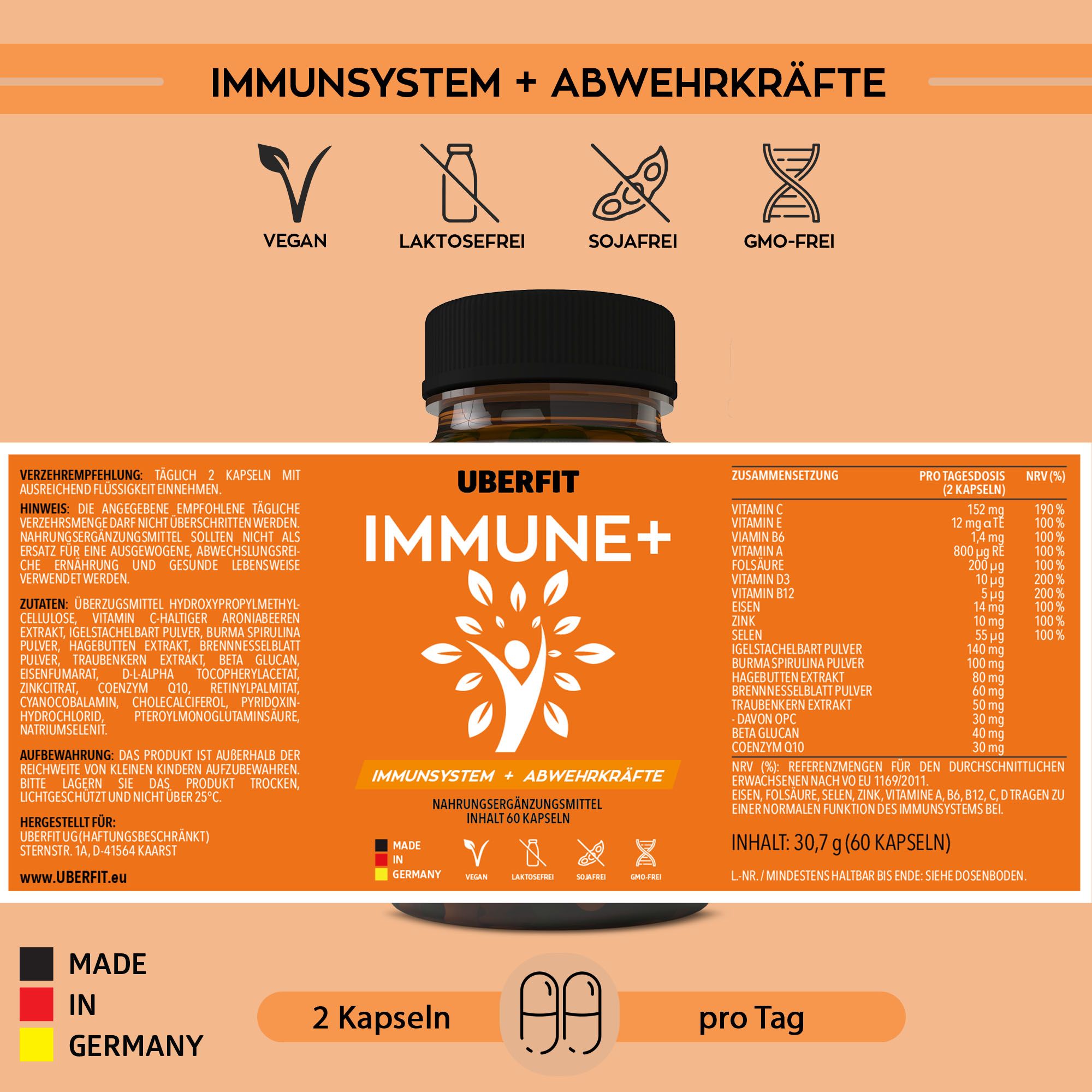 UberFit IMMUNE+ Flasche mit Etikett. Text: IMMUNSYSTEM + ABWEHRKRÄFTE. Vegan, laktosefrei, sojafrei, GVO-frei. 2 Kapseln pro Tag. Hergestellt in Deutschland.