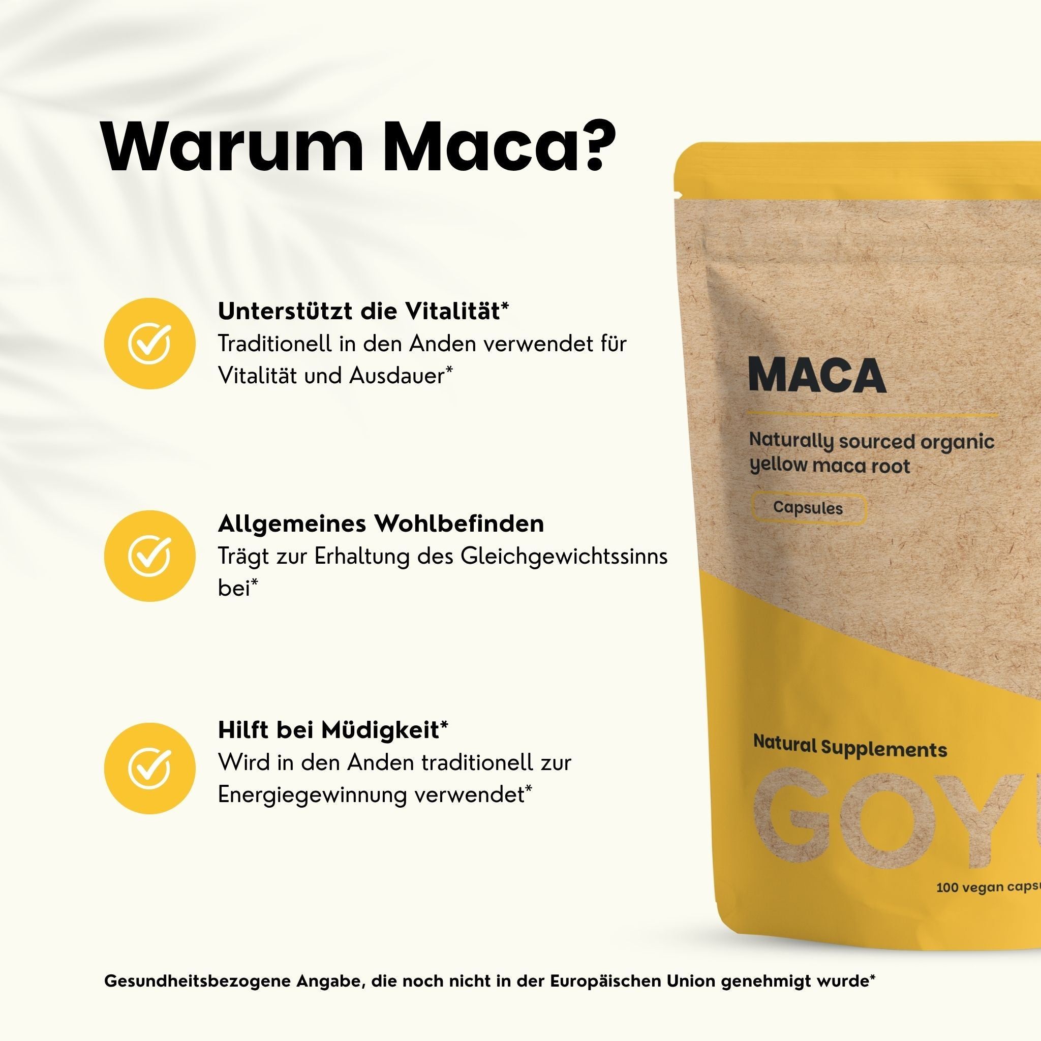 Papiertüte mit Maca-Kapseln. Gekauft, verpackt, geprüft in der EU. 100% natürlich und biologisch.