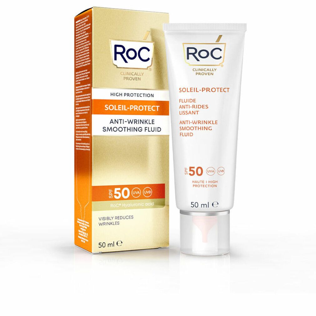 RoC Soleil-Protect Fluid und Verpackung. Text, SPF 50. 50 ml.