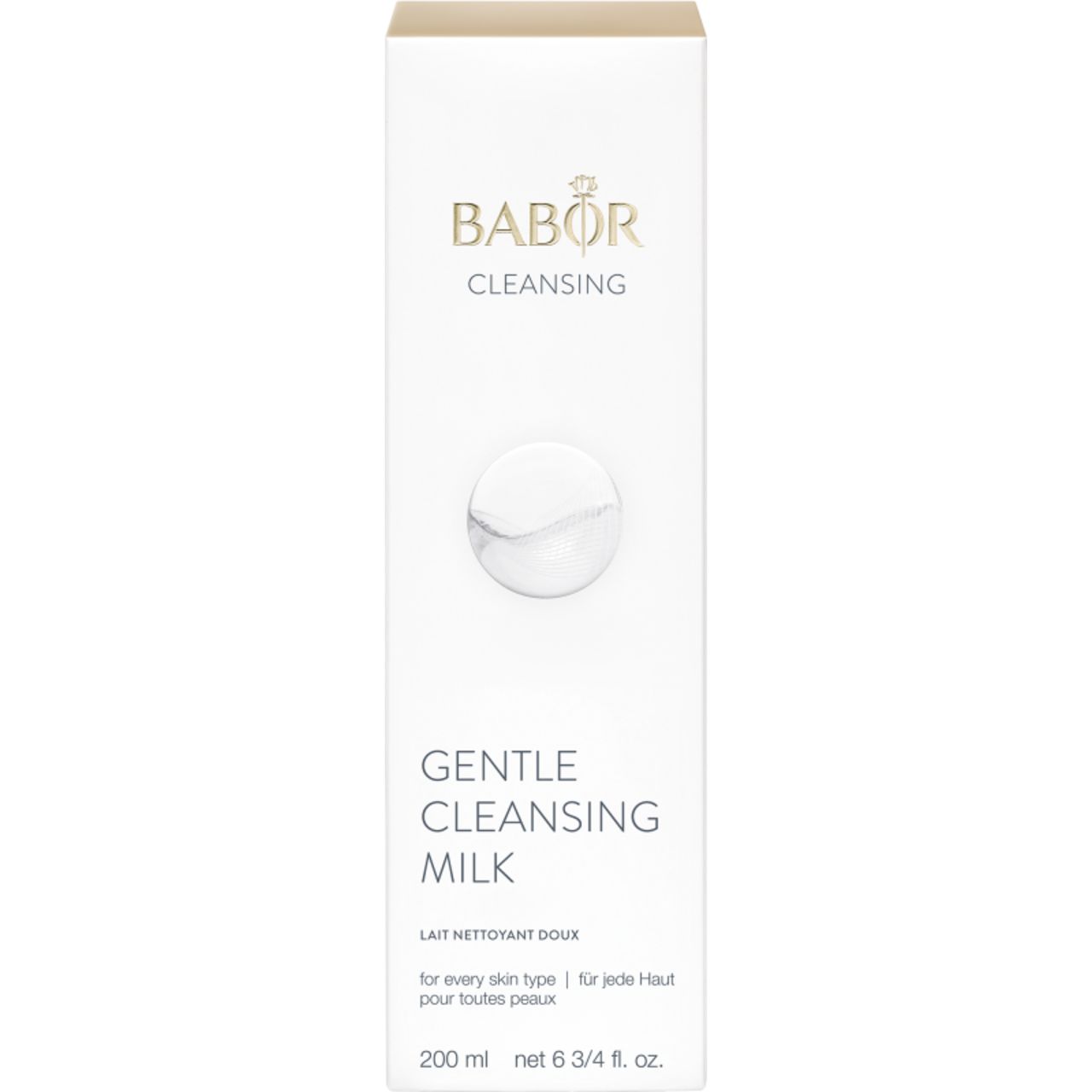 Weiße Verpackung mit Produktabbildung. Aufschrift: BABOR CLEANSING, GENTLE CLEANSING MILK. Text für jeden Hauttyp.