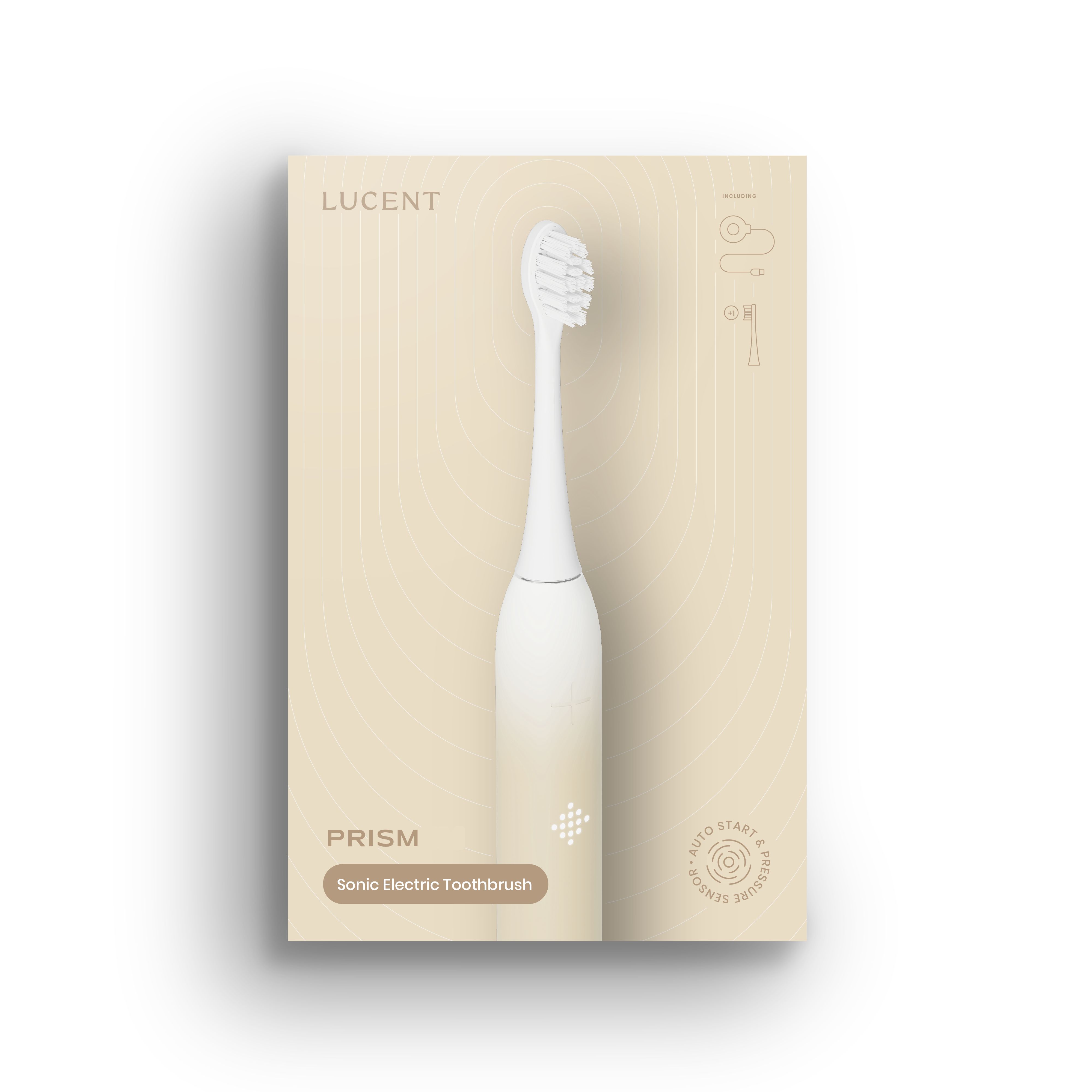 Verpackung mit elektrischer Zahnbürste. Aufdruck: LUCENT, PRISM, Sonic Electric Toothbrush. Zahnbürste weiß.