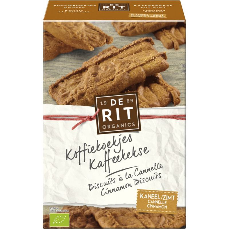 Kaffeekekse in Kartonverpackung. Aufschrift: RIT ORGANICS, Koffiekoekjes Kaffeekekse, KANEEL/ZIMT. Mit Zimt-Geschmack.