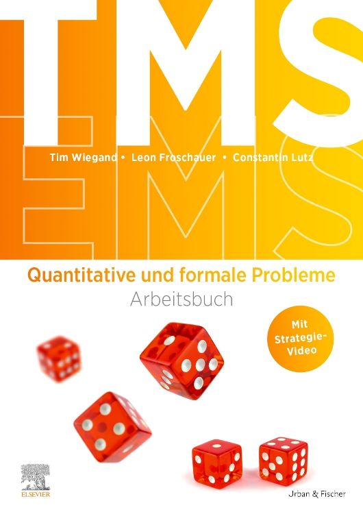 Buchcover mit Titel "Quantitative und formale Probleme Arbeitsbuch". Autoren: Tim Wiegand, Leon Froschauer, Constantin Lutz. Rote Würfel.
