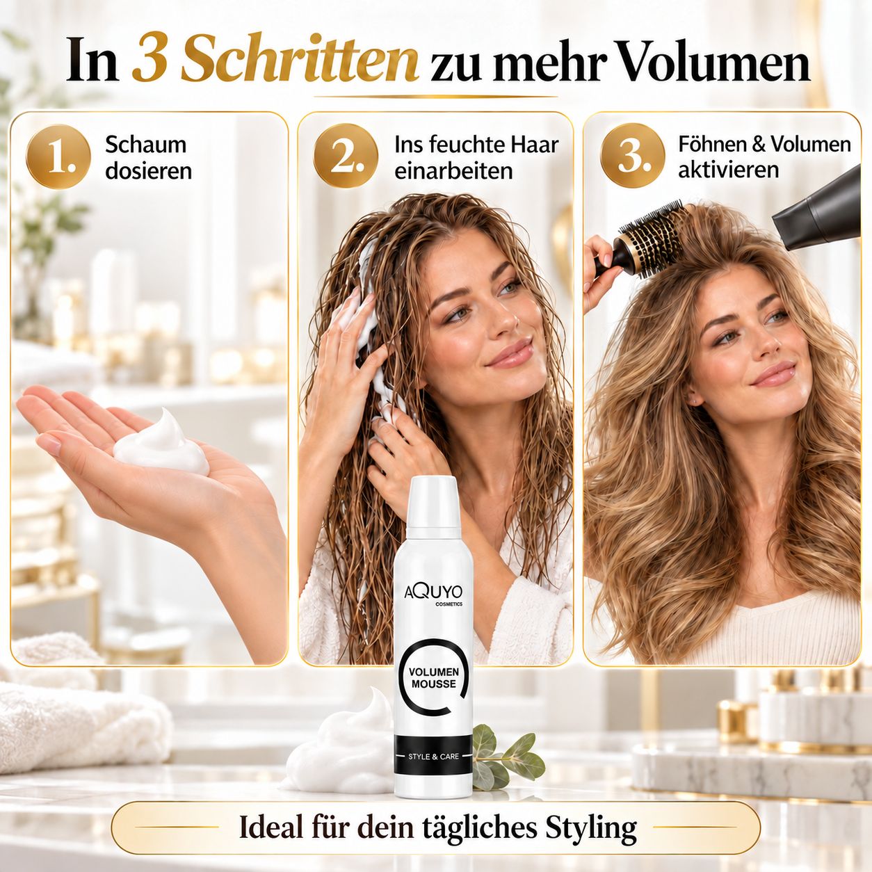Vorher-Nachher-Vergleich: Frau mit feinem Haar und Frau mit voluminösem Haar. Flasche Volumen Mousse AQUYO COSMETICS.