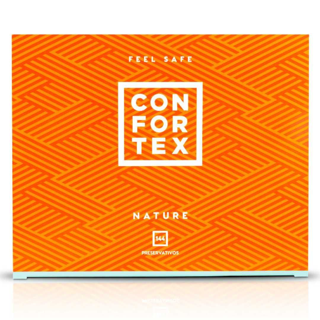 Orangefarbene Verpackung mit weißem Logo: CONFORTEX. Aufschrift: NATURE. Text: FEEL SAFE. Quadratische Form.