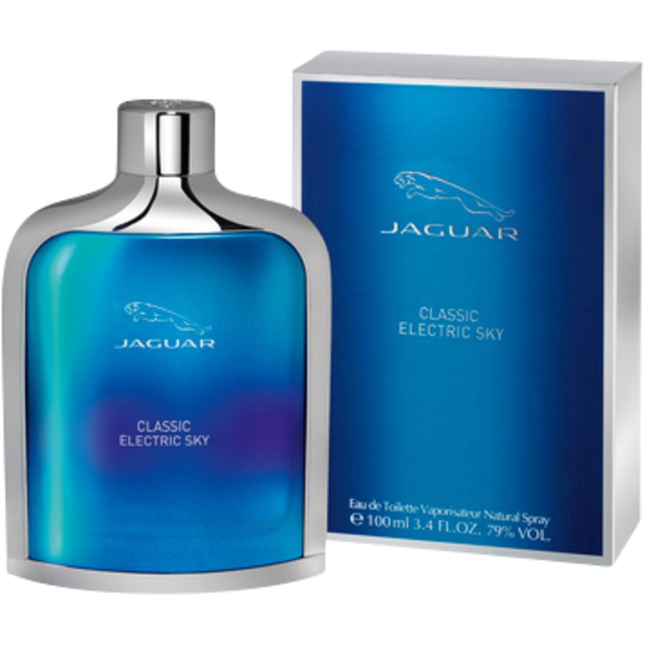 Blau-türkisfarbener Flakon und Schachtel. Aufschrift: Jaguar Classic Electric Sky. Silberner Deckel und Umrandung. Logo: springender Jaguar.