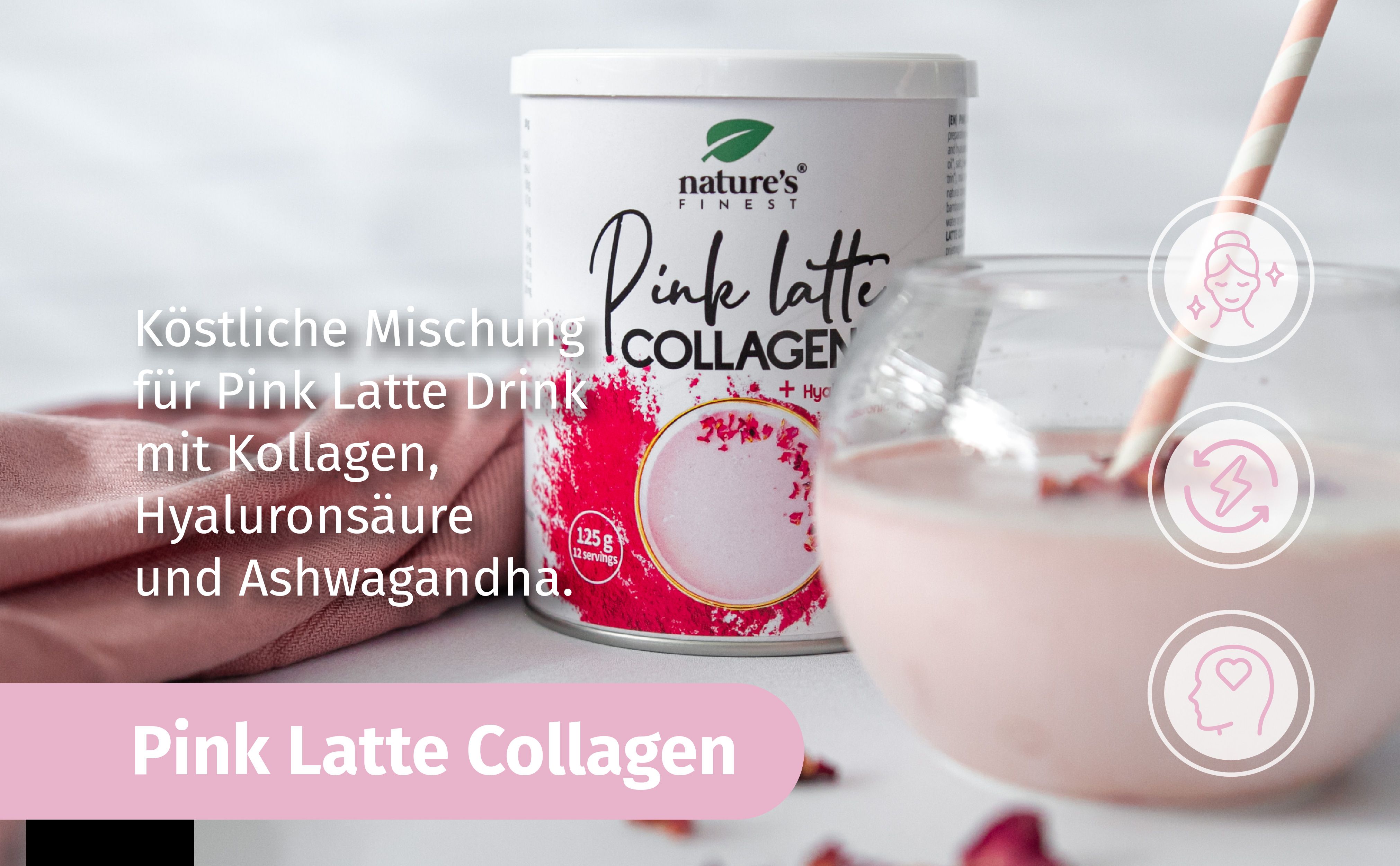 Nature's Finest Pink Latte Kollagen mit Hyaluronsäure und Ashwagandha 3x125 g Pulver