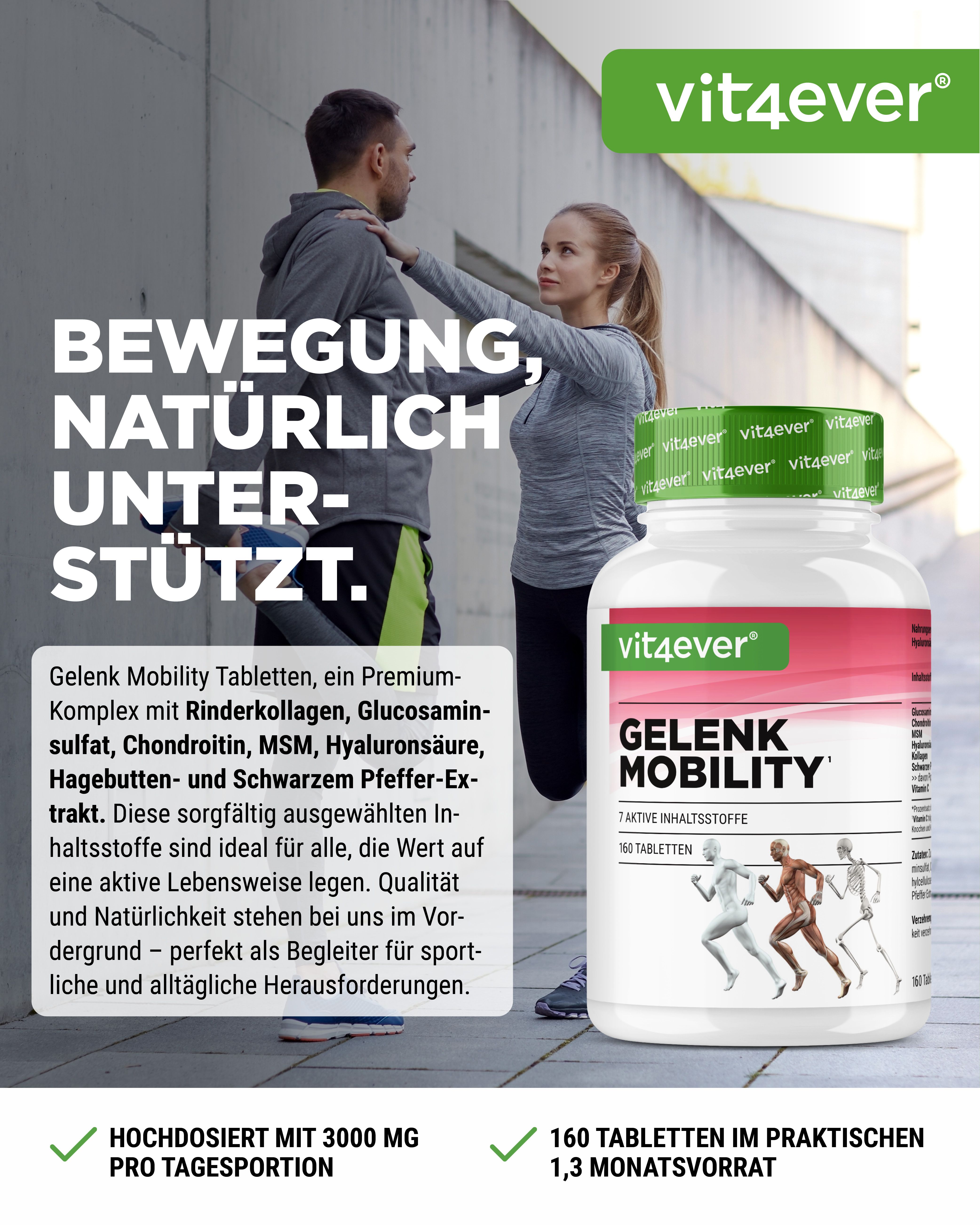 Mann und Frau beim Dehnen, Flasche vit4ever Gelenk Mobility. Text: Bewegung, natürlich unterstützt. 160 Tabletten, 1,3 Monatsvorrat.
