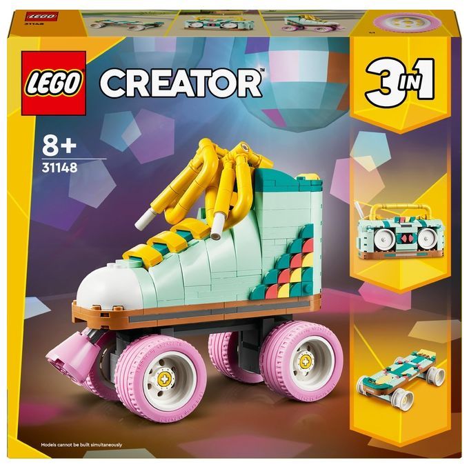 Set LEGO Creator 3in1 con pattino a rotelle retrò trasformabile in mini skateboard o radio giocattolo. La confezione mostra il pattino, lo skateboard e la radio. Adatto a bambini dagli 8 anni in su.