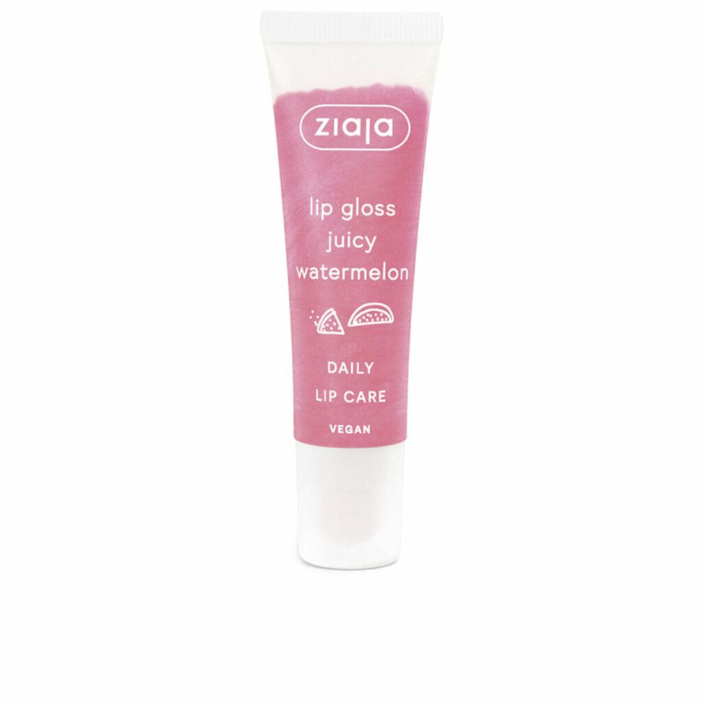 Lipgloss-Tube mit rosa Inhalt. Aufschrift: Ziaja, Lipgloss Juicy Watermelon, Daily Lip Care, Vegan. Weiße Kappe und Boden.